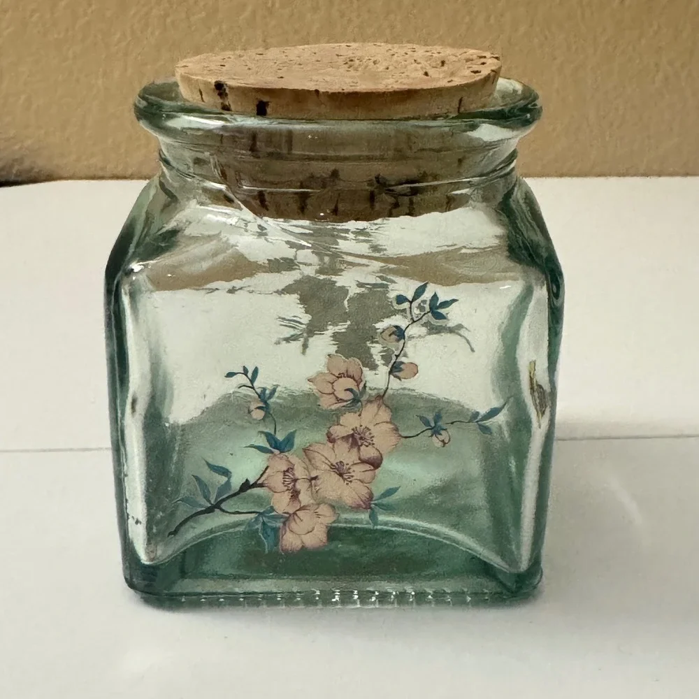 Vintage Green Glass Apothecary Jar w/Cork Lid Pink Cherry Blossom 4.5